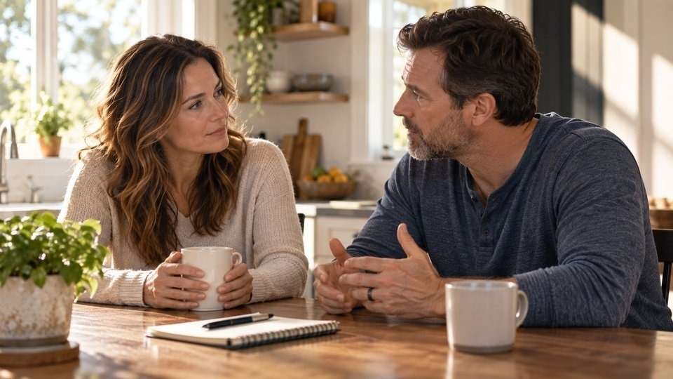 A couple at a kitchen table working on how to rebuild trust in a relationship after it was broken.