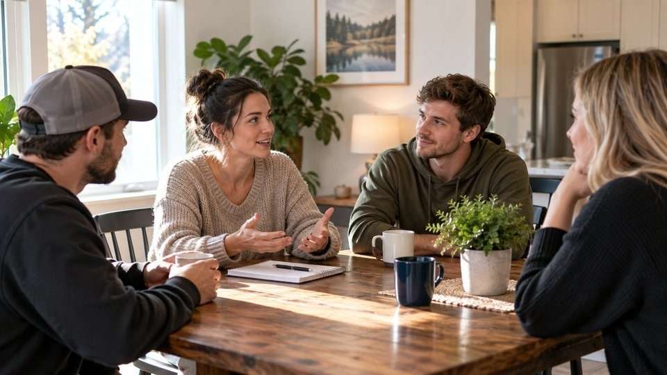 Residents at a house meeting discussing the benefits of sober living in a shared recovery home