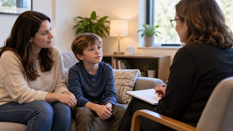 A family meeting with a clinician to discuss attachment disorder medication and treatment options