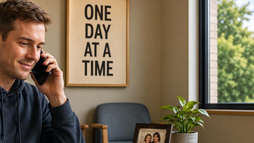 A man makes a scheduled call from a facility phone, one way phone use in rehab still keeps family close