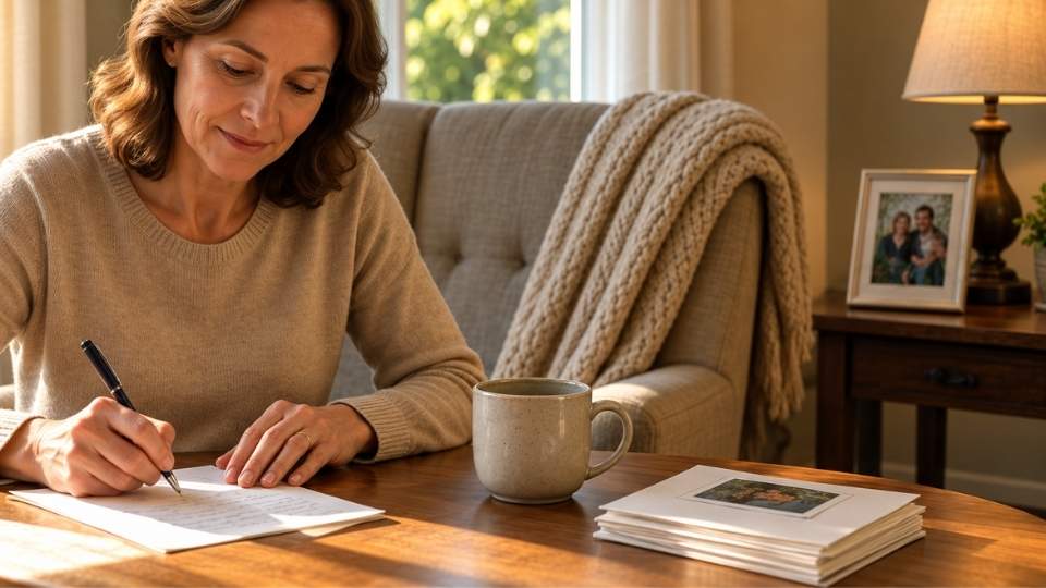 A mother writes down the facility phone number so she can call someone in rehab during visiting and calling hours